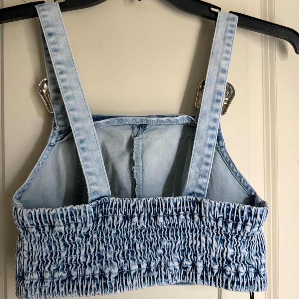 Two 2 fly Light Wash Denim Crop Overall Top with Silver Buckles buttercup s/m - Picture 8 of 9